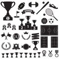 Trophy, awards and sports icon set: winning trophy cup, medals, pedestal, flags, ribbons, balls, sport fields. Vector illustration